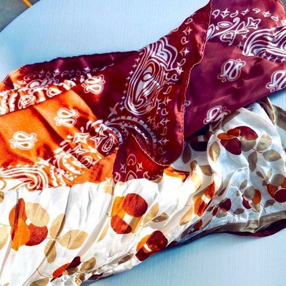 Set of 2 Large Versatile Square Silky Scarves w/ Warm Fall Colors, Brown/Ivory - Picture 1 of 6